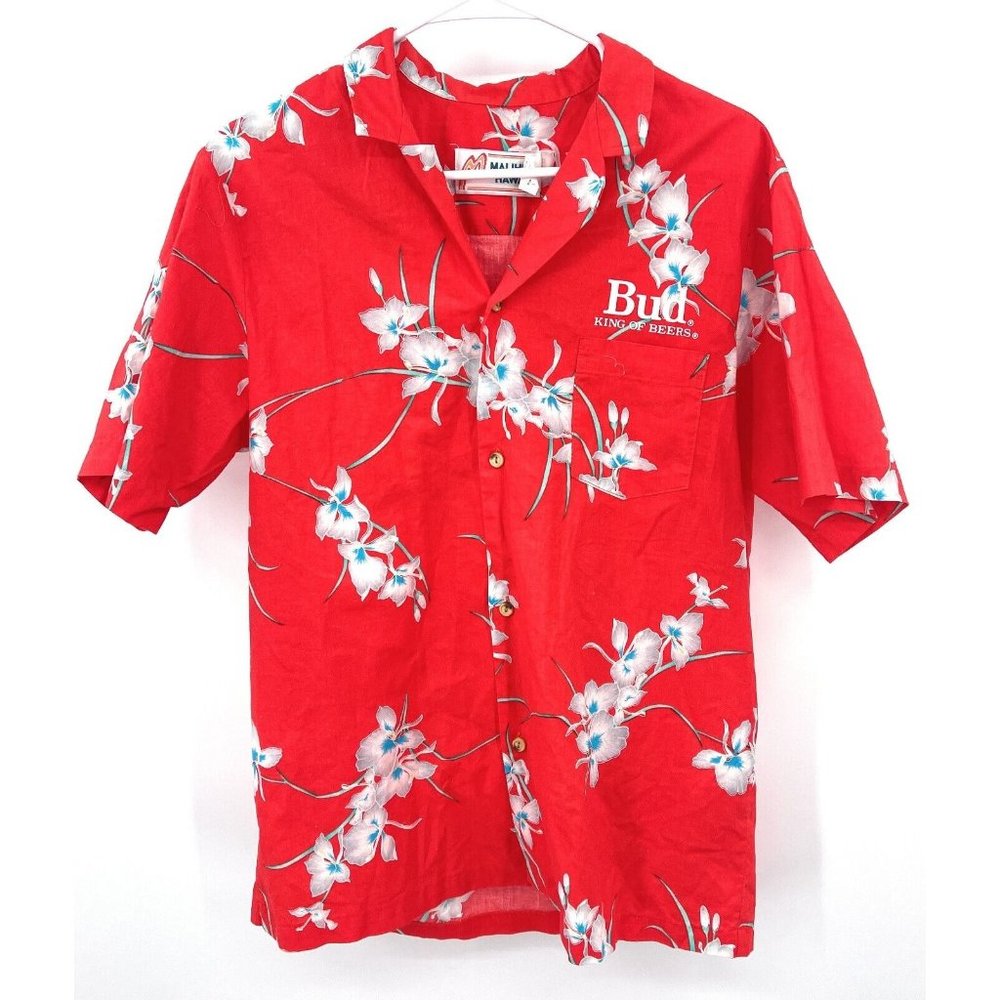 Malihini Hawaii Vintage Red Floral Hawaiian Shirt Bud King of Beers Mens‎ Sz L